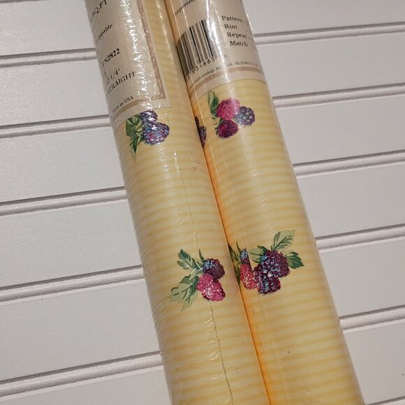 2 Double Rolls Carey Lind Fine Wallpaper Yellow Striped Berries Fruit York NEW - Picture 1 of 16